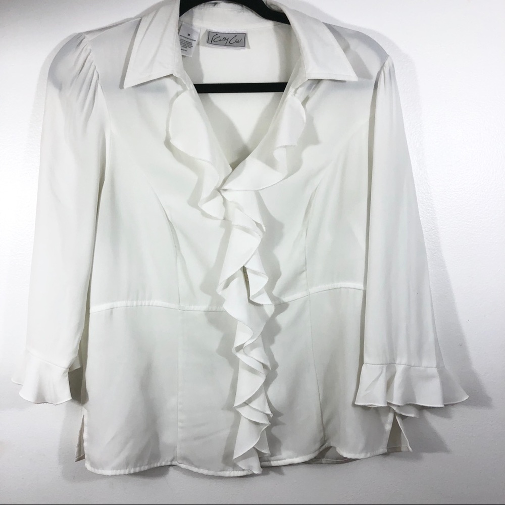 Kathy Che White ruffle neck dress shirt